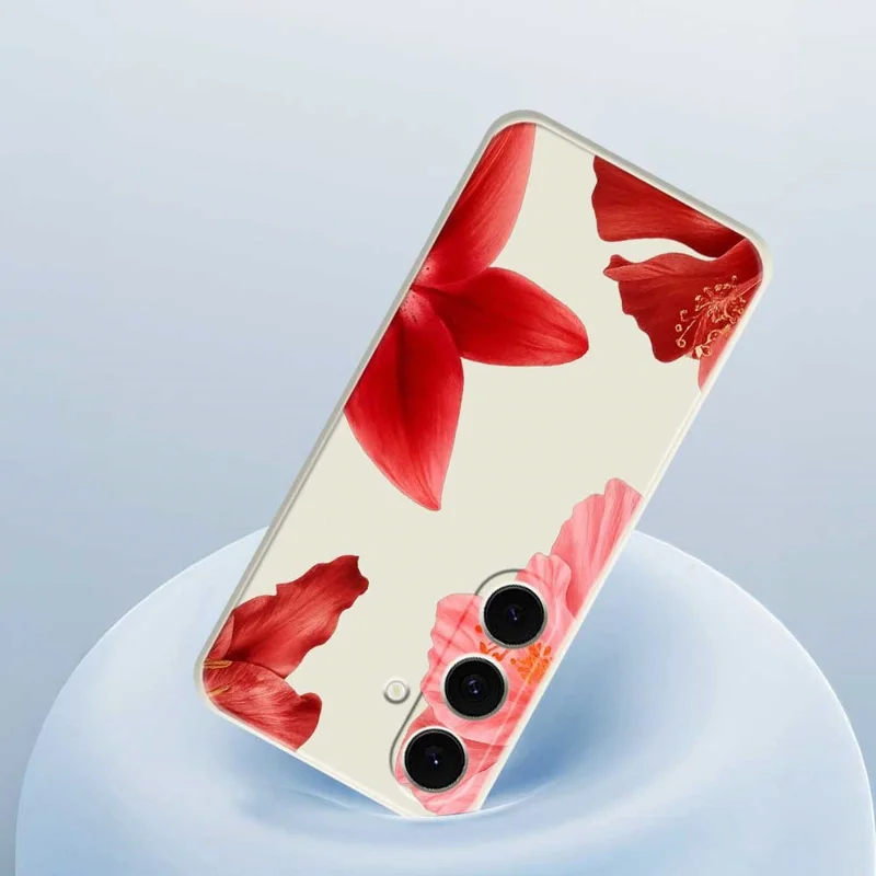 Coque Samsung Galaxy S25 FE Motif Fleur Rouge Impression Bords Droits Coque Arrière Téléphone TPU - Beige