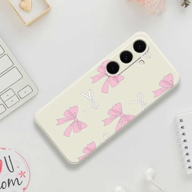 For Samsung Galaxy S25 FE Case Pink Bows Pattern Printing Straight Edge TPU Phone Back Cover - Beige