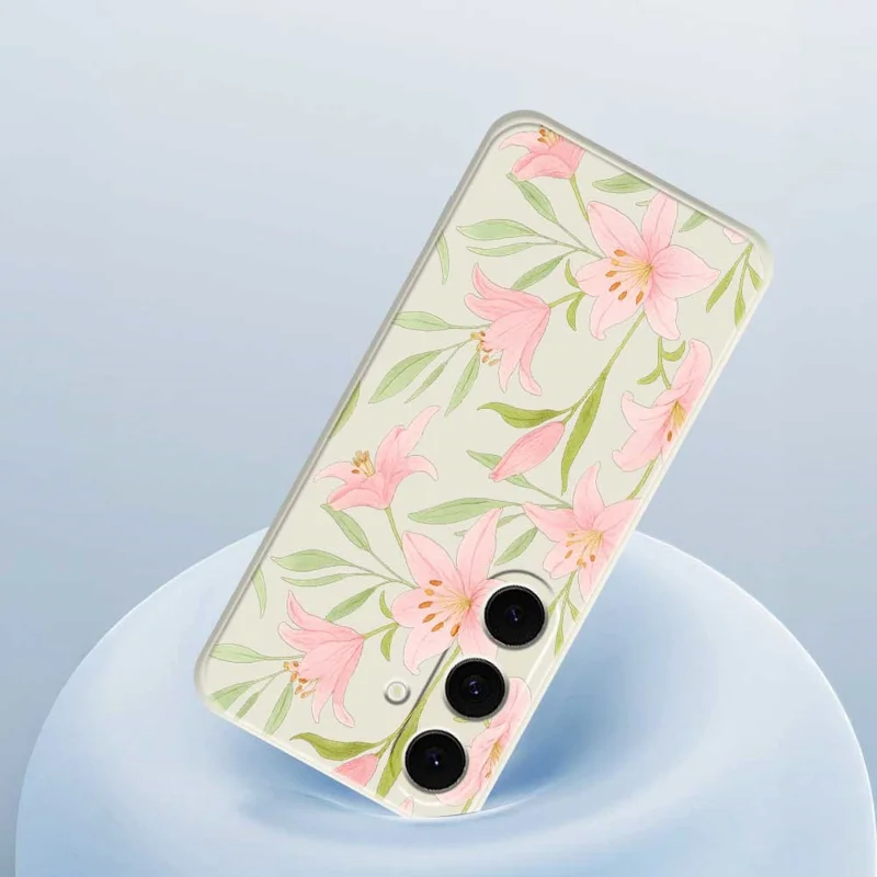 Für Samsung Galaxy S25 FE Hülle Pink Lilien Muster Druck Gerade Kante TPU Telefon Rückabdeckung - Beige