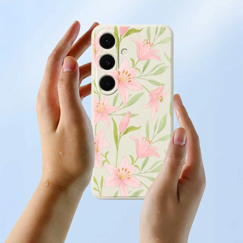 Für Samsung Galaxy S25 FE Hülle Pink Lilien Muster Druck Gerade Kante TPU Telefon Rückabdeckung - Beige