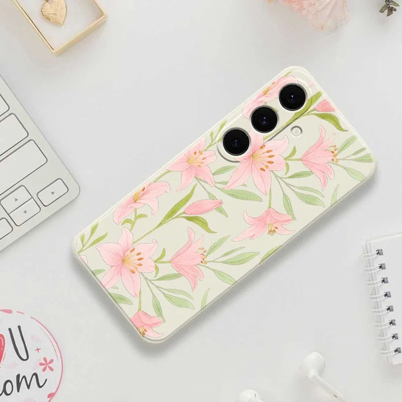 Für Samsung Galaxy S25 FE Hülle Pink Lilien Muster Druck Gerade Kante TPU Telefon Rückabdeckung - Beige