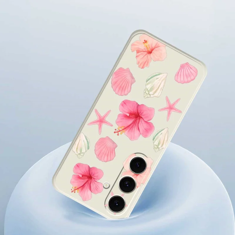 For Samsung Galaxy S25 FE Case Peach Blossoms Shells Pattern Printing Straight Edge TPU Phone Back Cover - Beige
