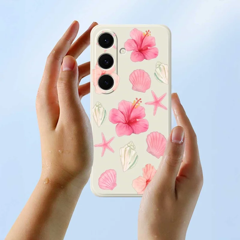 For Samsung Galaxy S25 FE Case Peach Blossoms Shells Pattern Printing Straight Edge TPU Phone Back Cover - Beige