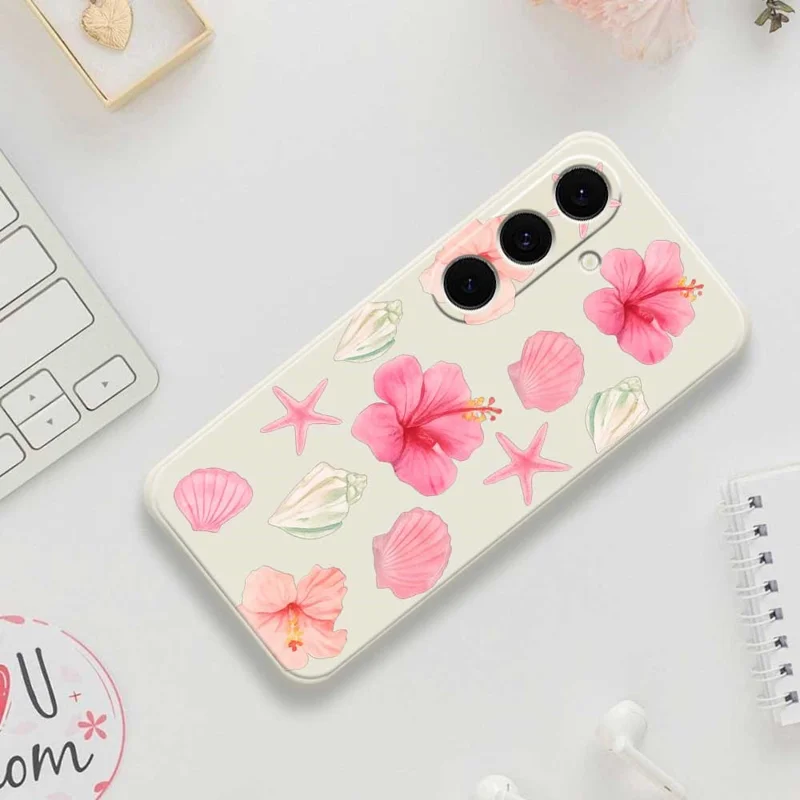 For Samsung Galaxy S25 FE Case Peach Blossoms Shells Pattern Printing Straight Edge TPU Phone Back Cover - Beige