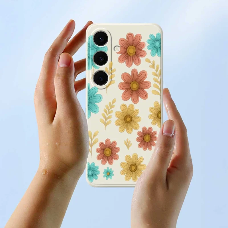 For Samsung Galaxy S25 FE Case Red Yellow Blue Flowers Pattern Printing Straight Edge TPU Phone Back Cover - Beige