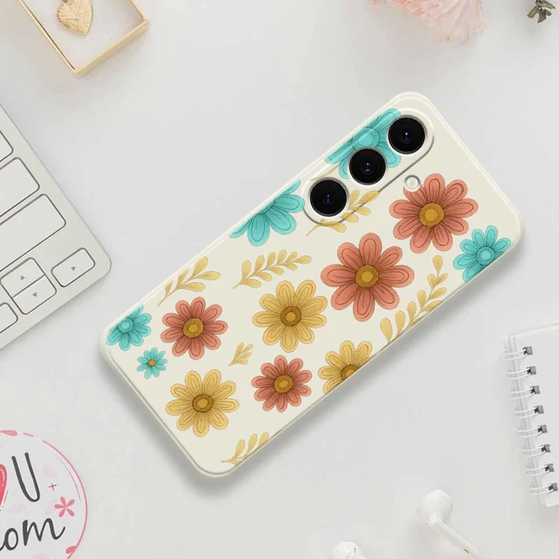 For Samsung Galaxy S25 FE Case Red Yellow Blue Flowers Pattern Printing Straight Edge TPU Phone Back Cover - Beige