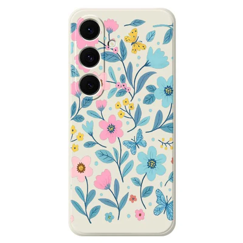 Per Samsung Galaxy S25 FE Case Blue Pink Flowers Pattern Printing Straight Edge TPU Phone Back Cover - Beige