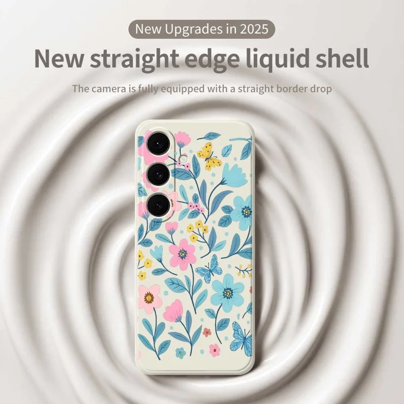 Per Samsung Galaxy S25 FE Case Blue Pink Flowers Pattern Printing Straight Edge TPU Phone Back Cover - Beige