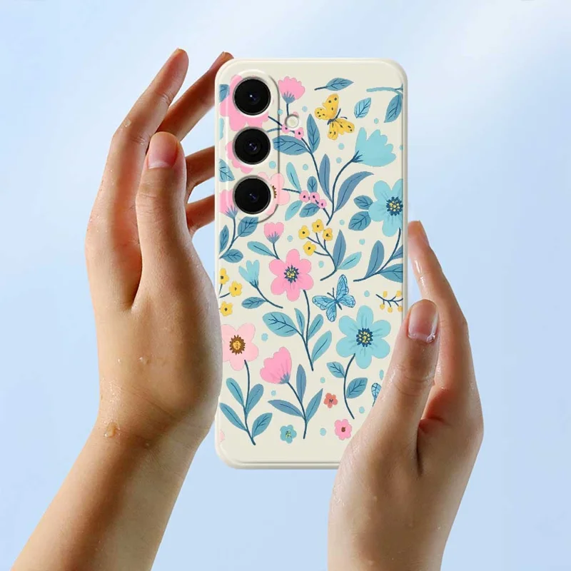 Per Samsung Galaxy S25 FE Case Blue Pink Flowers Pattern Printing Straight Edge TPU Phone Back Cover - Beige