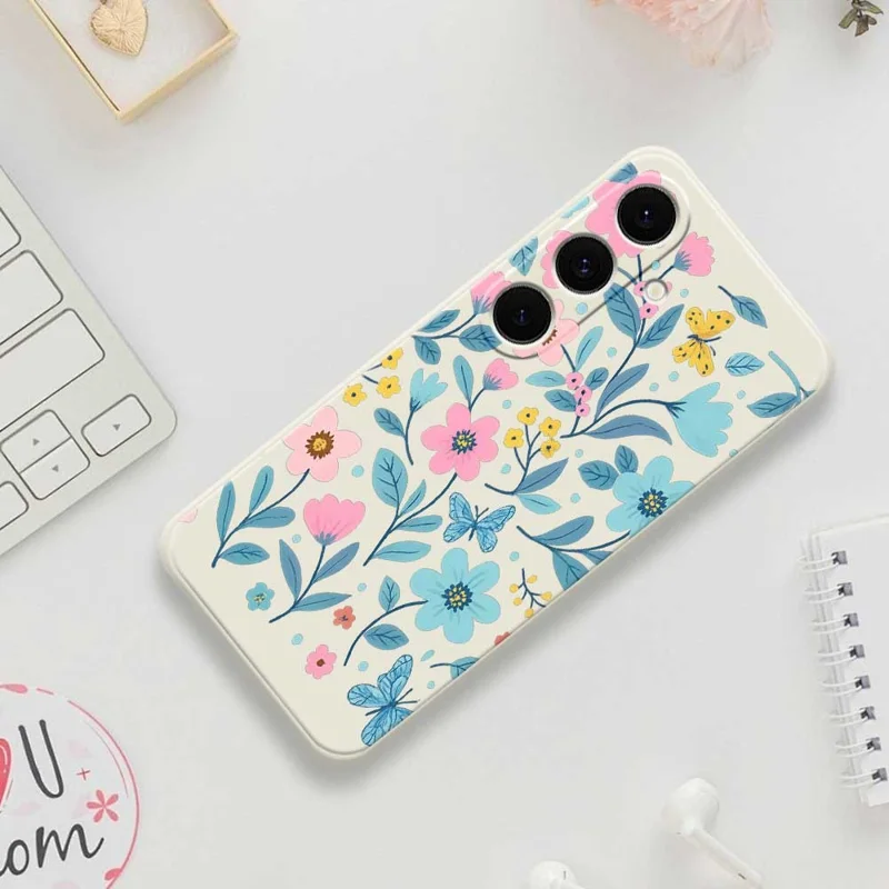 Per Samsung Galaxy S25 FE Case Blue Pink Flowers Pattern Printing Straight Edge TPU Phone Back Cover - Beige