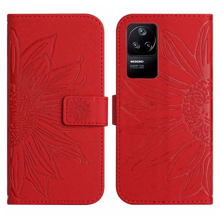 Per Xiaomi Redmi K40S 5G / Poco F4 5G HT04 Girasole Impresso PU Canda di Shock Resistente Alla Pelle Con Pellicola Anti-graffio Copertina Del Portafoglio Telefonico Con Spalla - Rosso