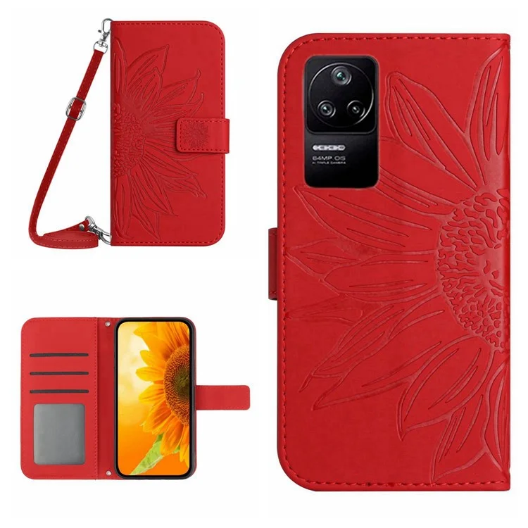 Per Xiaomi Redmi K40S 5G / Poco F4 5G HT04 Girasole Impresso PU Canda di Shock Resistente Alla Pelle Con Pellicola Anti-graffio Copertina Del Portafoglio Telefonico Con Spalla - Rosso