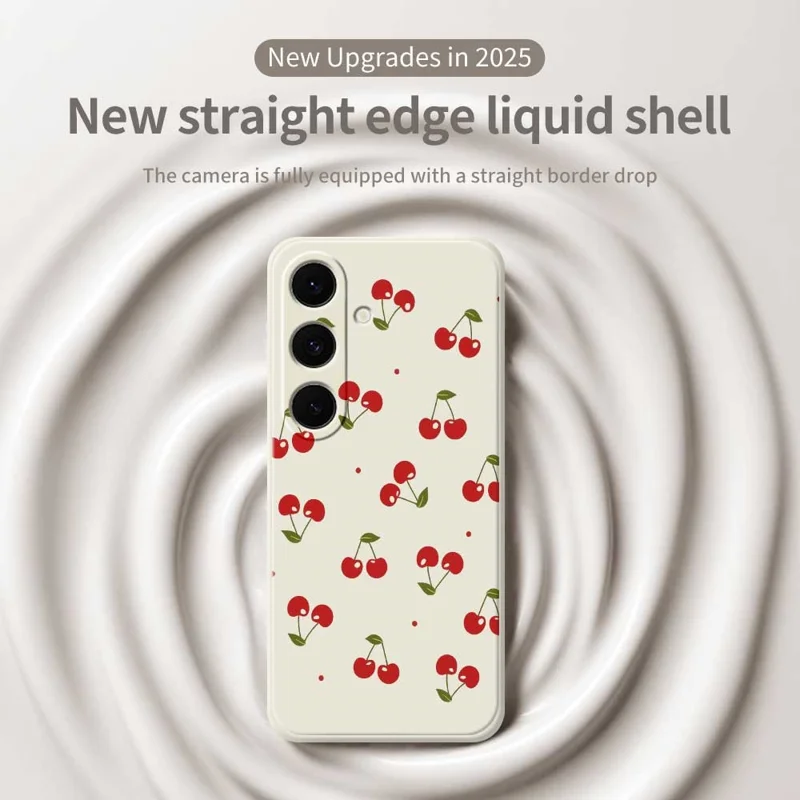For Samsung Galaxy S25 FE Case Cherry Pattern Printing Straight Edge TPU Phone Back Cover - Beige