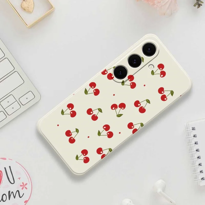 For Samsung Galaxy S25 FE Case Cherry Pattern Printing Straight Edge TPU Phone Back Cover - Beige