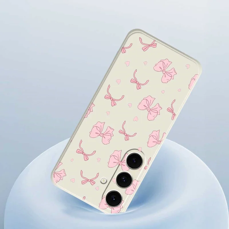 For Samsung Galaxy S25 FE Case Pink Bow Love Pattern Printing Straight Edge TPU Phone Back Cover - Beige