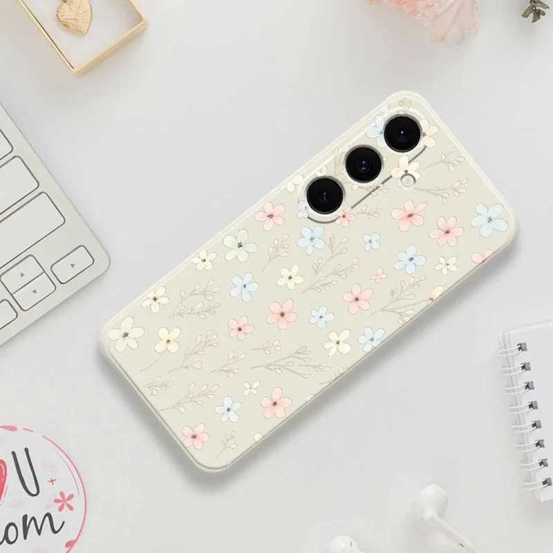 For Samsung Galaxy S25 FE Case Small Flower Branches Pattern Printing Straight Edge TPU Phone Back Cover - Beige