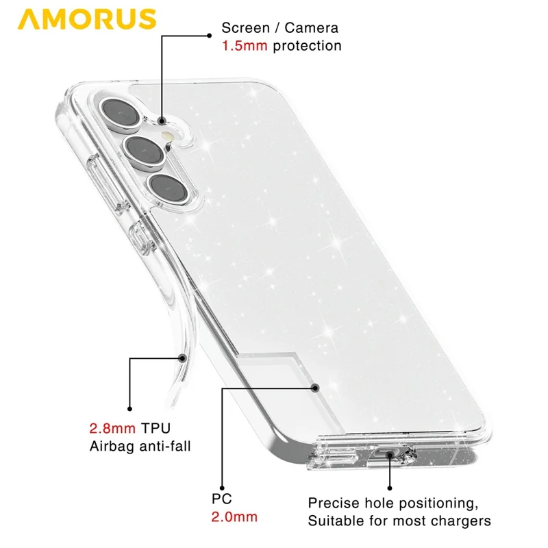 AMORUS For Samsung Galaxy S25 FE Case Soft TPU Hard PC Back Shockproof Phone Cover - Glitter White
