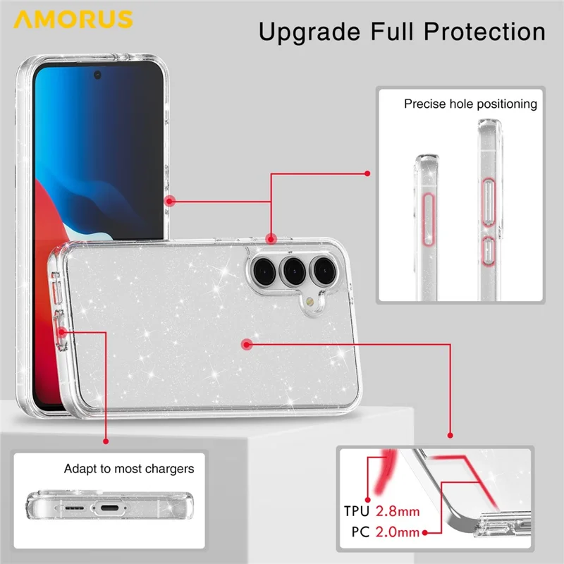 Funda AMORUS para Samsung Galaxy S23 FE, Carcasa Híbrida de TPU Suave y PC Duro, Antichoques, Cubierta de Teléfono - Purpurina Blanca
