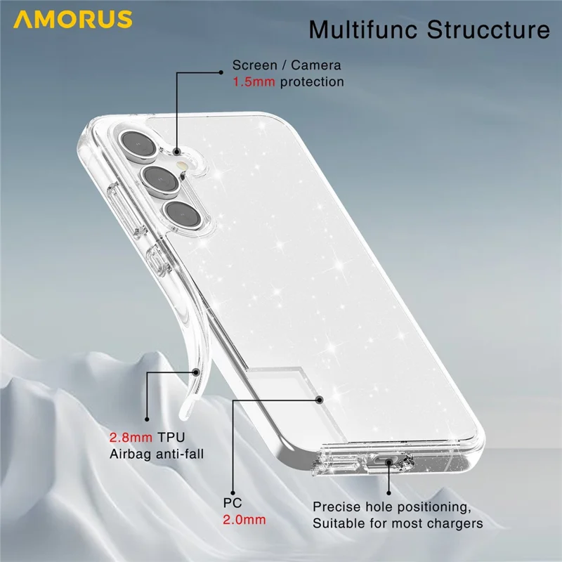 Funda AMORUS para Samsung Galaxy S23 FE, Carcasa Híbrida de TPU Suave y PC Duro, Antichoques, Cubierta de Teléfono - Purpurina Blanca