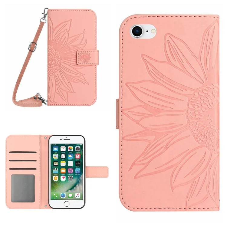 For iPhone 7 / 8 4.7 inch / SE (2020) / SE (2022) HT04 Skin-touch Stand Leather Case Imprinted Sunflower Phone Wallet Cover with Shoulder Strap - Light Pink