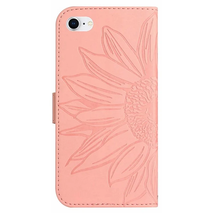 For iPhone 7 / 8 4.7 inch / SE (2020) / SE (2022) HT04 Skin-touch Stand Leather Case Imprinted Sunflower Phone Wallet Cover with Shoulder Strap - Light Pink