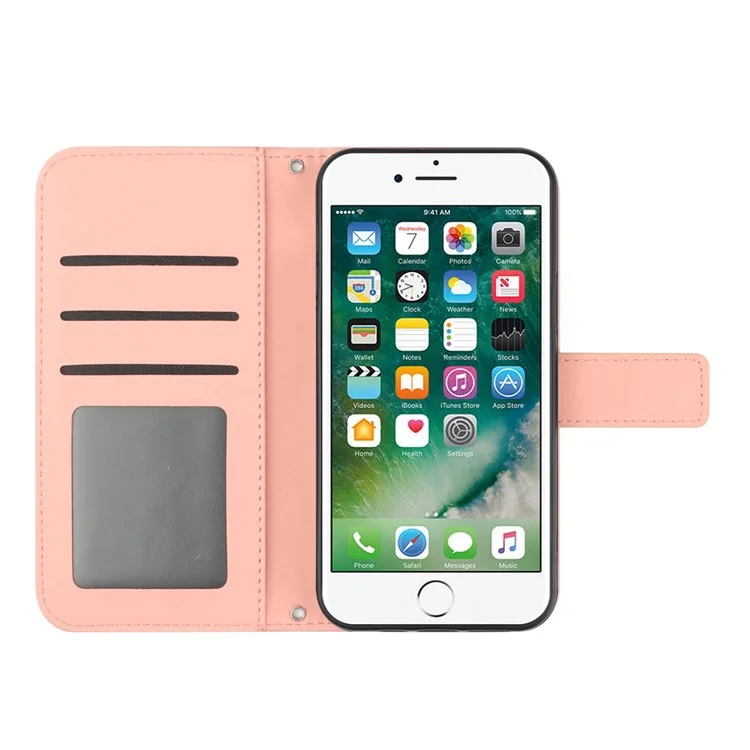 For iPhone 7 / 8 4.7 inch / SE (2020) / SE (2022) HT04 Skin-touch Stand Leather Case Imprinted Sunflower Phone Wallet Cover with Shoulder Strap - Light Pink