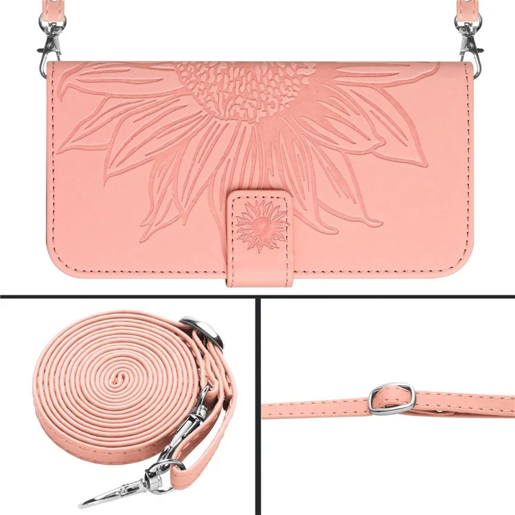For iPhone 7 / 8 4.7 inch / SE (2020) / SE (2022) HT04 Skin-touch Stand Leather Case Imprinted Sunflower Phone Wallet Cover with Shoulder Strap - Light Pink