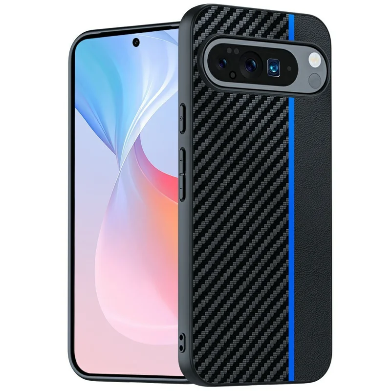 Funda Google Pixel 10 Pro XL de cuero + cubierta de teléfono dura de PC con textura de fibra de carbono - Negro / Azul