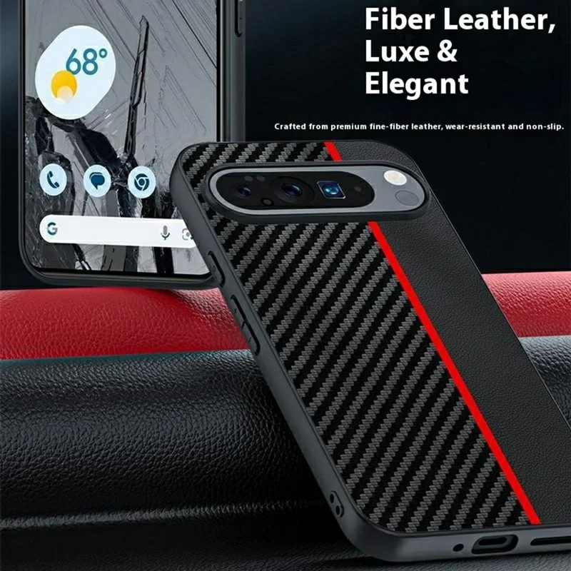 Funda Google Pixel 10 Pro XL de cuero + cubierta de teléfono dura de PC con textura de fibra de carbono - Negro / Azul