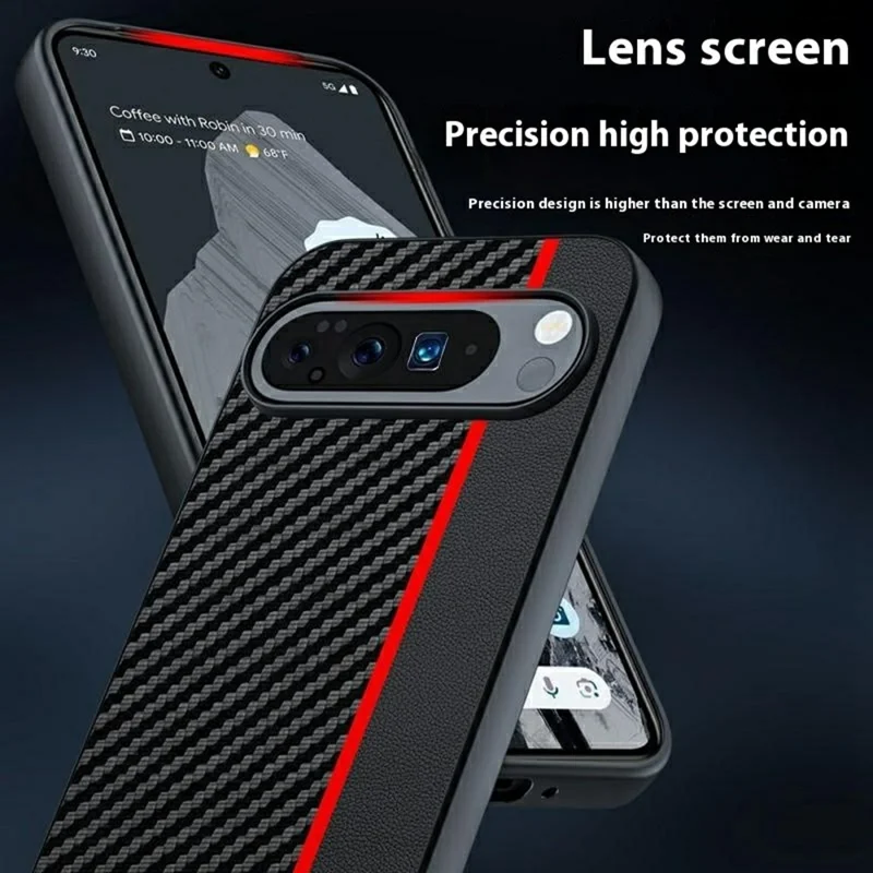 Funda Google Pixel 10 Pro XL de cuero + cubierta de teléfono dura de PC con textura de fibra de carbono - Negro / Azul