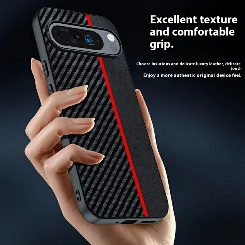 Funda Google Pixel 10 Pro XL de cuero + cubierta de teléfono dura de PC con textura de fibra de carbono - Negro / Azul