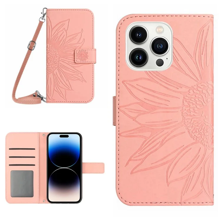Für Iphone 14 Pro Max HT04 Schockfeste Telefonhülle Geprägte Sonnenblumenhaut-touch-pu-leder-ständer Brieftaschenabdeckungsschutz Mit Schultergurt - Hell-pink