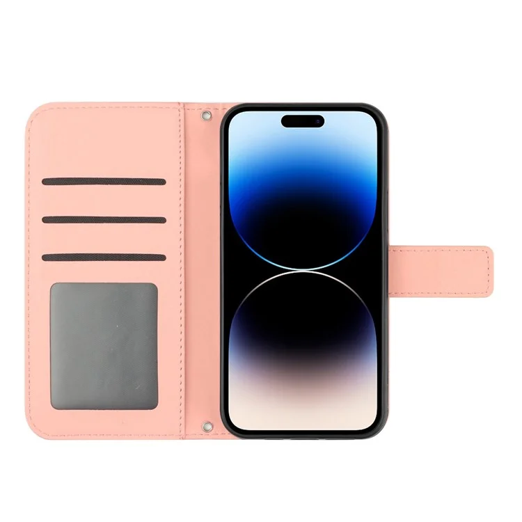 Für Iphone 14 Pro Max HT04 Schockfeste Telefonhülle Geprägte Sonnenblumenhaut-touch-pu-leder-ständer Brieftaschenabdeckungsschutz Mit Schultergurt - Hell-pink