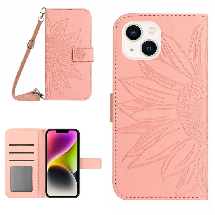 For iPhone 14 Plus HT04 Skin-touch PU Leather Stand Case Imprinted Sunflower Full Protection Phone Wallet Cover with Shoulder Strap - Light Pink