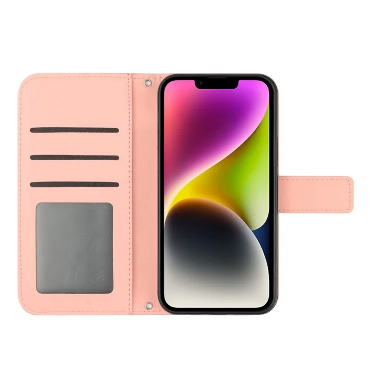 For iPhone 14 Plus HT04 Skin-touch PU Leather Stand Case Imprinted Sunflower Full Protection Phone Wallet Cover with Shoulder Strap - Light Pink