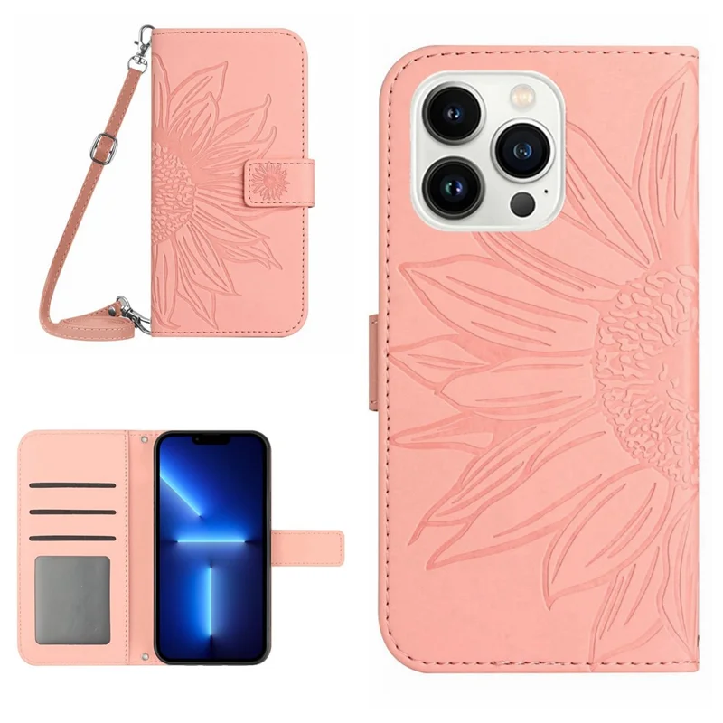 Para Iphone 13 Pro 6.1 Pulgadas HT04 Impresión de Girasol PU Cuero de Cuero Tapa de Soporte Magnetic Touch Case de Teléfono Con Correa Para el Hombro - Rosa Claro