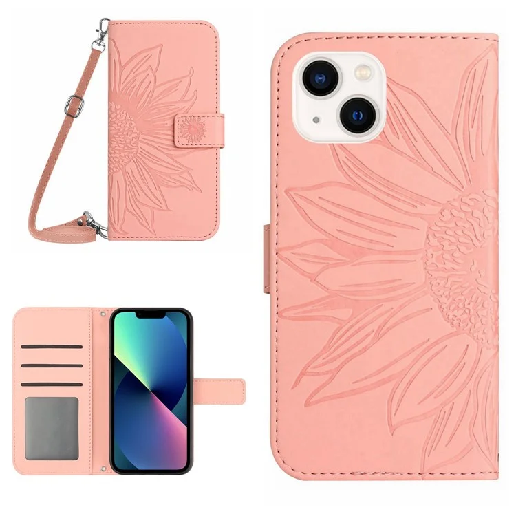 Per Iphone 13 Mini Mini 5,4 Pollici HT04 Skin-touch in Pelle di Girasole Impronte di Girasole Impronta - Rosa Chiaro
