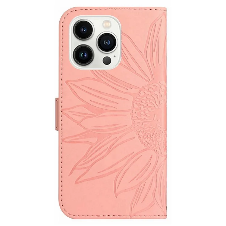 For iPhone 13 Pro Max 6.7 inch HT04 PU Leather Wallet Case Skin-touch Imprinted Sunflower Folio Flip Stand Phone Cover with Shoulder Strap - Light Pink