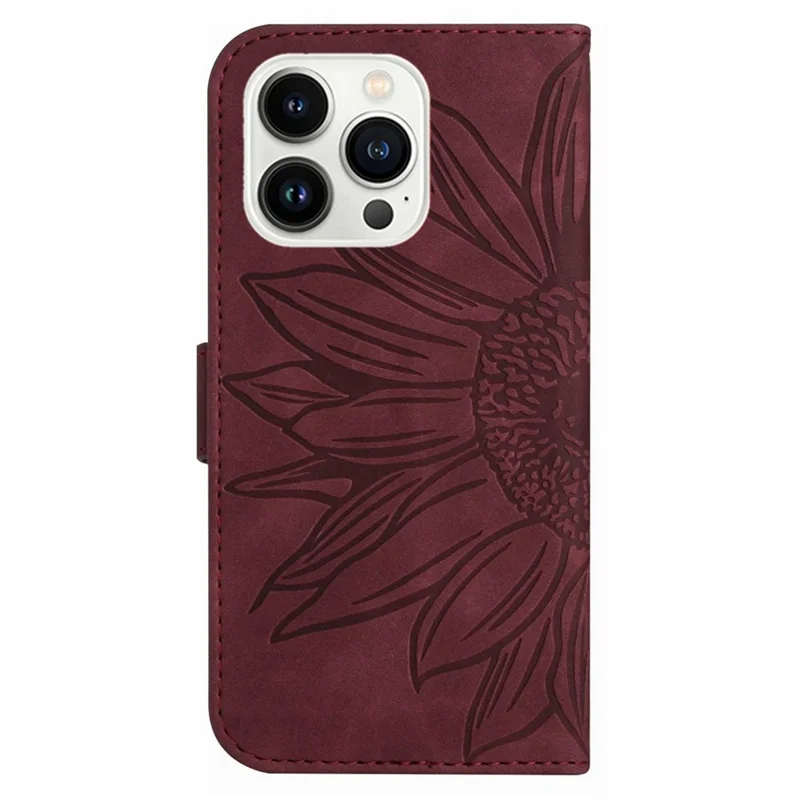 For iPhone 13 Pro Max 6.7 inch HT04 PU Leather Wallet Case Skin-touch Imprinted Sunflower Folio Flip Stand Phone Cover with Shoulder Strap - Wine Red