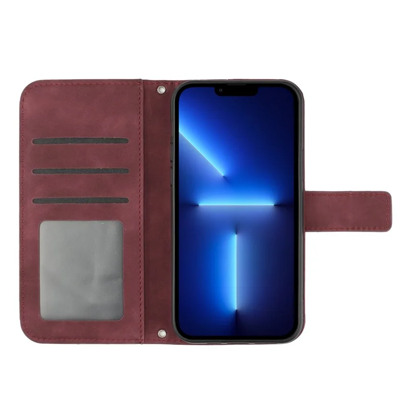 For iPhone 13 Pro Max 6.7 inch HT04 PU Leather Wallet Case Skin-touch Imprinted Sunflower Folio Flip Stand Phone Cover with Shoulder Strap - Wine Red