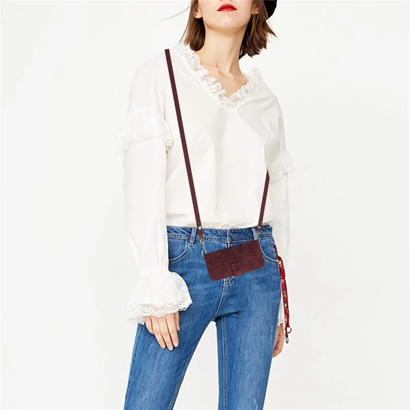 For iPhone 13 Pro Max 6.7 inch HT04 PU Leather Wallet Case Skin-touch Imprinted Sunflower Folio Flip Stand Phone Cover with Shoulder Strap - Wine Red