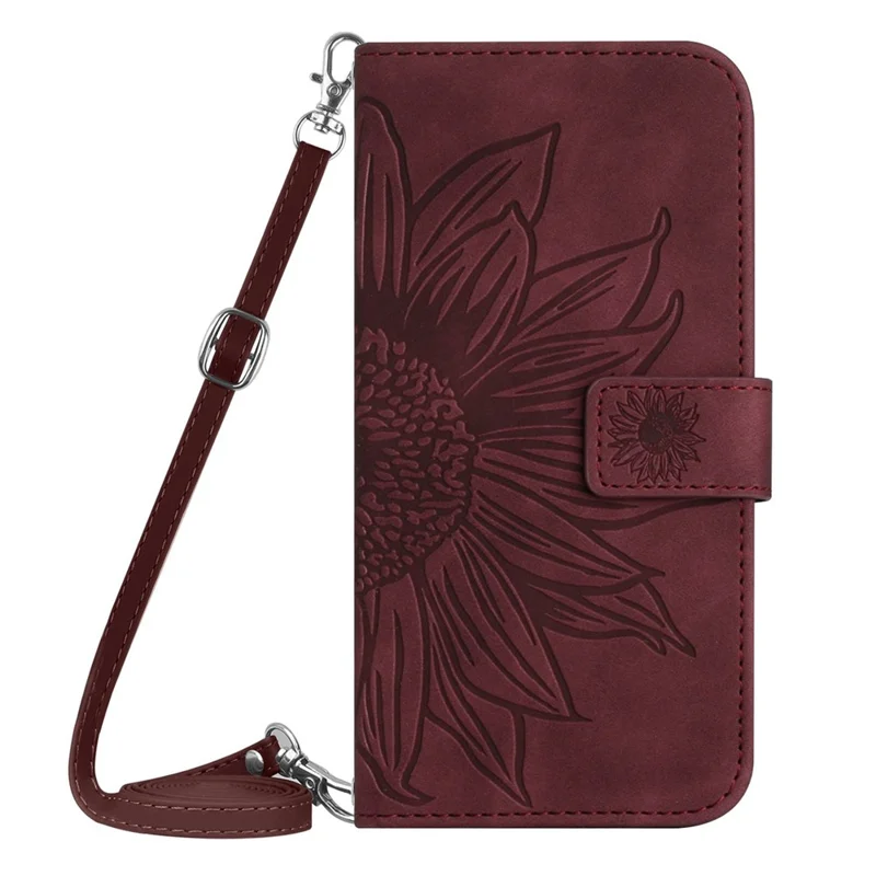 For iPhone 13 Pro Max 6.7 inch HT04 PU Leather Wallet Case Skin-touch Imprinted Sunflower Folio Flip Stand Phone Cover with Shoulder Strap - Wine Red