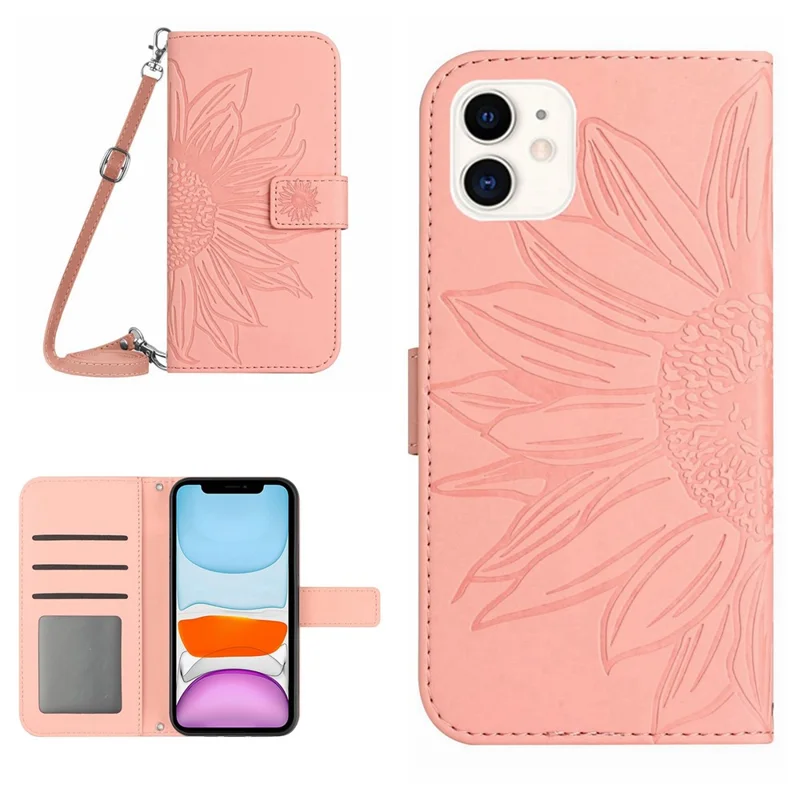 Voor iPhone 11 6,1 inch HT04 PU Leer Geprent Zonnebloem Stootvaste Telefoonhoesje met Aanrakingsgevoelig Wallet Stand Protector met Schouderband - Lichtroze
