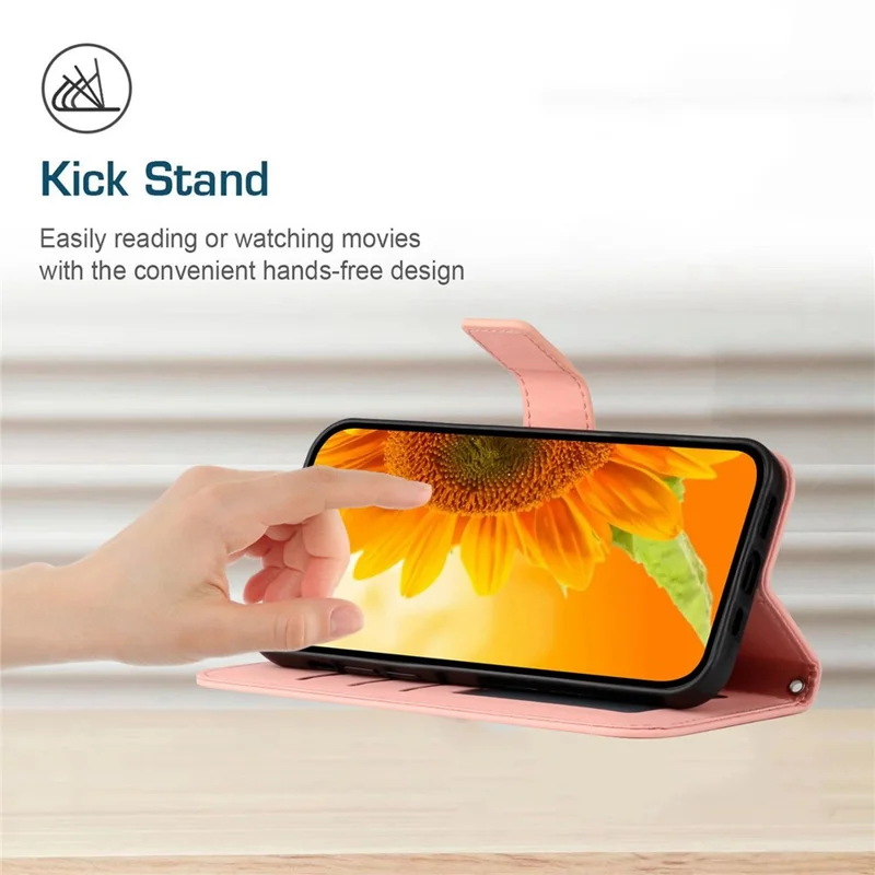 Voor iPhone 11 6,1 inch HT04 PU Leer Geprent Zonnebloem Stootvaste Telefoonhoesje met Aanrakingsgevoelig Wallet Stand Protector met Schouderband - Lichtroze