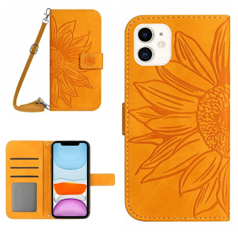 Per iPhone 11 6.1 pollici HT04 Custodia Wallet Protettiva in Pelle PU Stampata a Girasole a Prova di Caduta con Supporto Touch Screen e Tracolla - Giallo