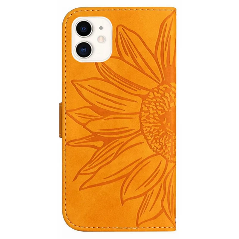Per iPhone 11 6.1 pollici HT04 Custodia Wallet Protettiva in Pelle PU Stampata a Girasole a Prova di Caduta con Supporto Touch Screen e Tracolla - Giallo