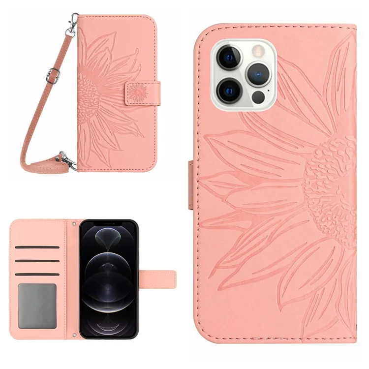 For iPhone 12 Pro Max 6.7 inch HT04 Skin-touch Imprinted Sunflower Case Wallet Stand PU Leather Cover with Shoulder Strap - Light Pink