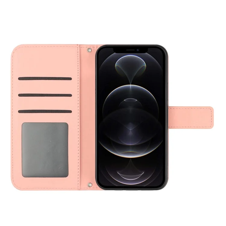 For iPhone 12 Pro Max 6.7 inch HT04 Skin-touch Imprinted Sunflower Case Wallet Stand PU Leather Cover with Shoulder Strap - Light Pink