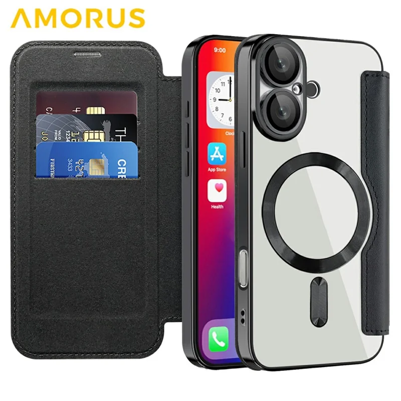 AMORUS Für iPhone 16 Hülle Kompatibel mit MagSafe RFID-blockierender Kartenfach Leder Handyhülle - Schwarz