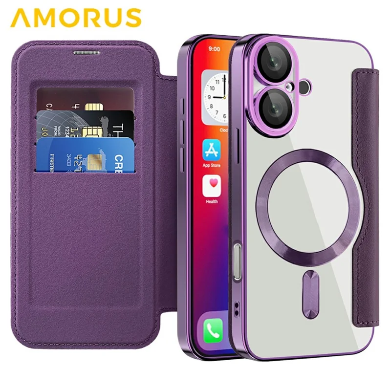 AMORUS For iPhone 16 Case Compatible with MagSafe RFID Blocking Card Holder Leather Phone Cover - Dark Purple
